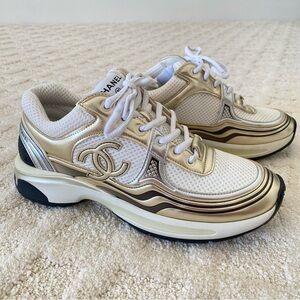 CHANEL Women's Metallic Gold and White Sneakers